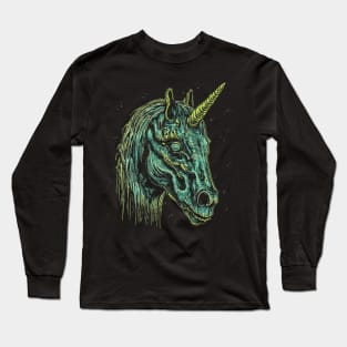 Vintage Zombie Unicorn Head Illustration - Macabre Fantasy Art Long Sleeve T-Shirt